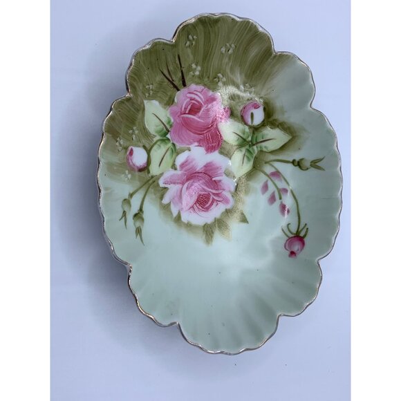 Lefton China Hand Painted Floral Oval Dish 6.5 inch Decorative Dish w Pink Roses - Picture 2 of 10